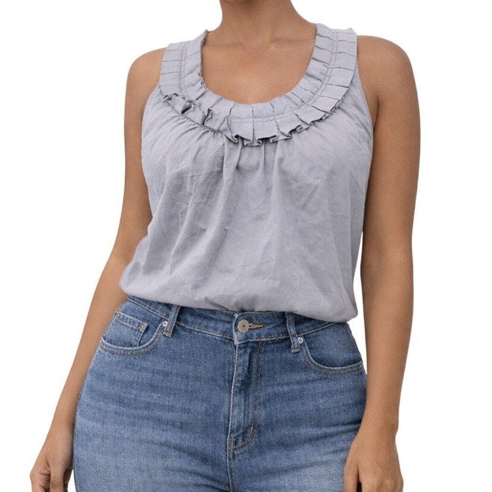 J.Crew Gray Ruffle Neck Crisscross Back Cotton Tank Top Size 6